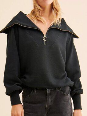 Varley Black Ribbed Funnel-Neck Sweatshirt Size X Small